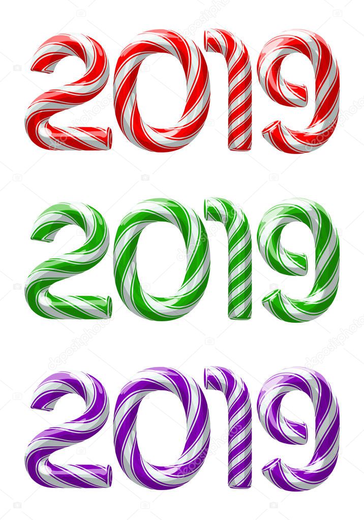 Various colors of candy cane numbers of 2019 new year holiday on white background. Vector isolated illustration