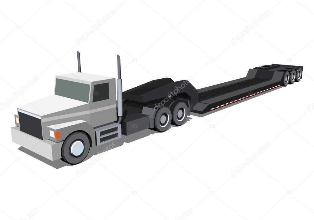 Minimalistic icon lowboy loader trailer truck front side view. Semi trailer tractor vehicle. Vector isolated illustration.