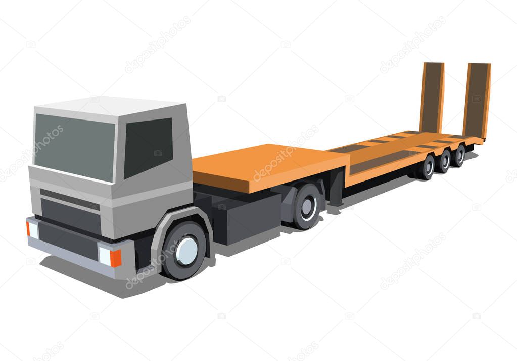 Minimalistic icon low loader trailer truck front side view. Semi trailer tractor vehicle. Vector isolated illustration.