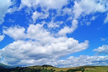 Güneşli bir yaz gününde Karpat dağlarının, yeşil ormanların ve çiçekli çayırların panoramik manzarası
