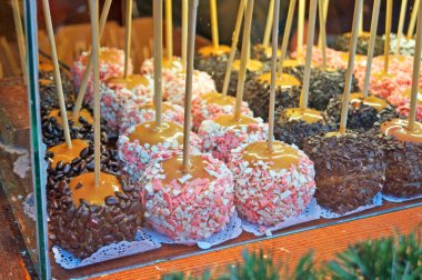 Dükkan penceresinde çikolata, şekerleme ve şekerleme meyve ile dekore karamel ile Noel pişmiş elma,