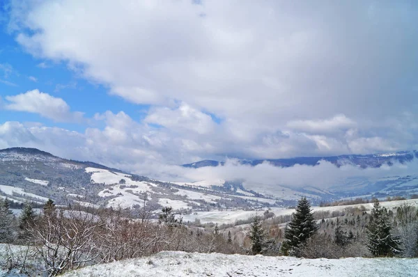 Vista Das Montanhas Dos Cárpatos Cobertas Neve Dia Gelado Ensolarado — Fotografia de Stock
