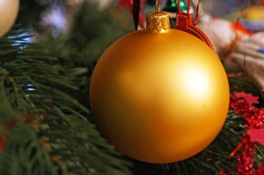 Noel topları sarı, kırmızı, beyaz, mavi, altın, mavi güneşli güneşli bir kış gününde bir Noel ağacı dalı asılı