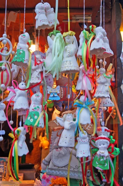 Christmas Tree Decorations Made Ceramic Form Bells Angels Festive Fair — Stock Photo, Image