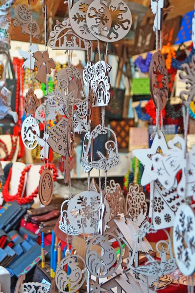 Wooden Christmas Tree Decorations Hanging Counter Festive Fair — Stock Photo, Image