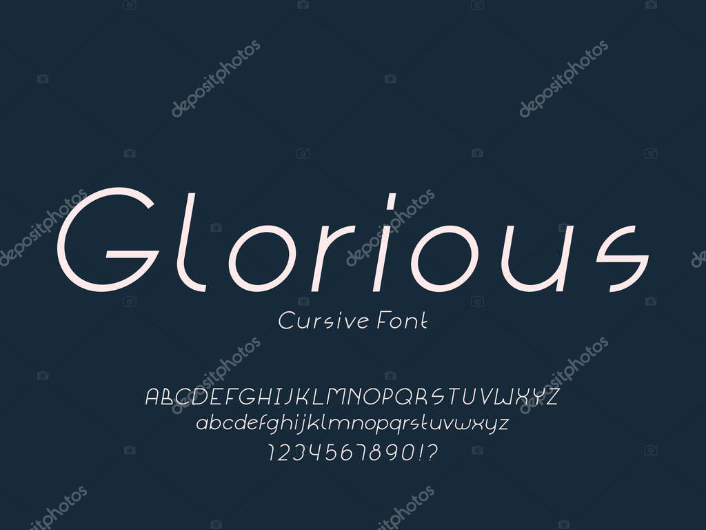 Glorious font. Vector alphabet letters and numbers. Typeface design.
