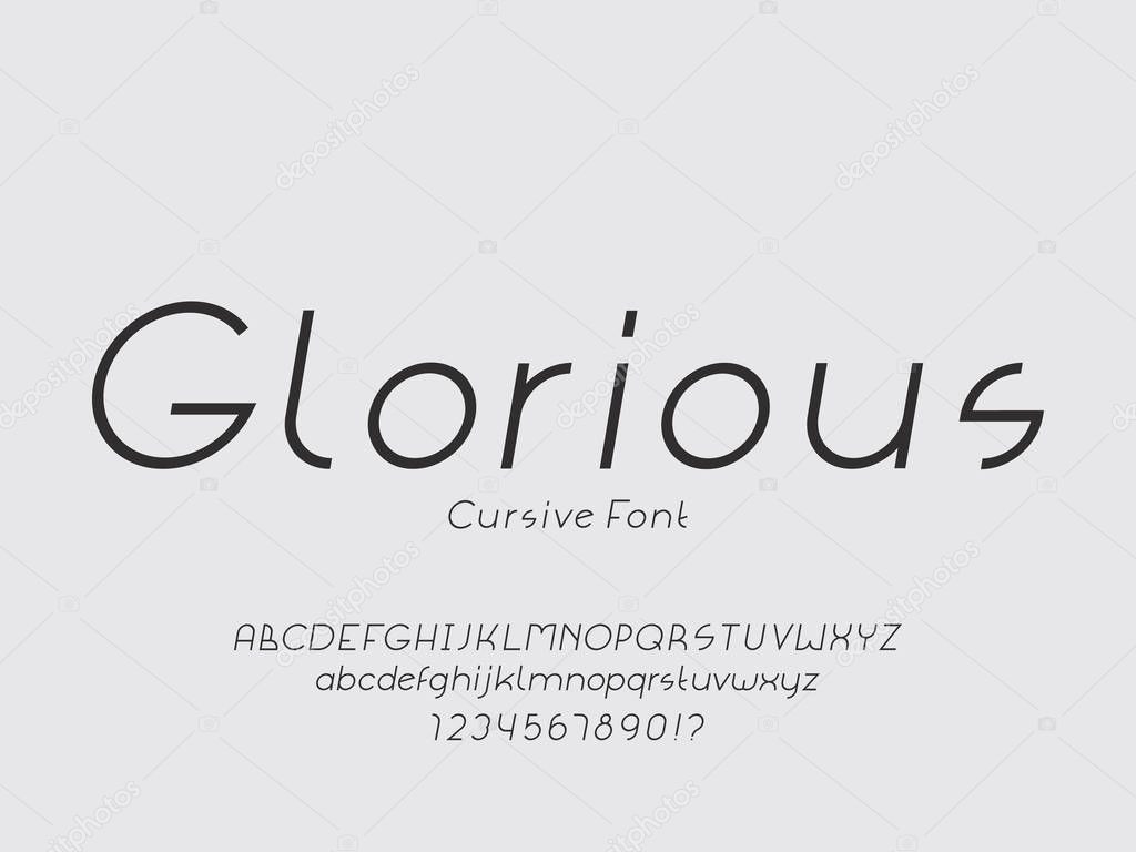 Glorious font. Vector alphabet letters and numbers. Typeface design. Typography Graphic