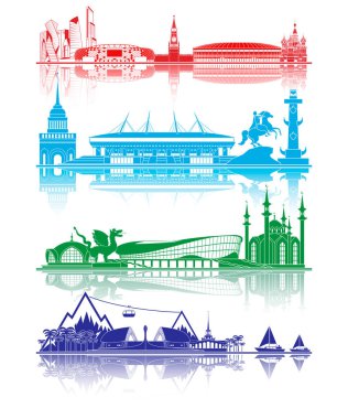 Şehir yerlerinden siluet. Dünya Kupası 2018. Moskova, St. Petersburg, Kazan, Sochi.