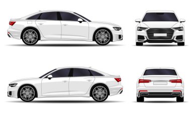 Gerçekçi bir araba. Sedan. ön görünüm; yan görünüm; arka görünüm.