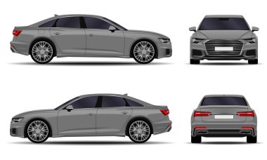 Gerçekçi bir araba. Sedan. ön görünüm; yan görünüm; arka görünüm.