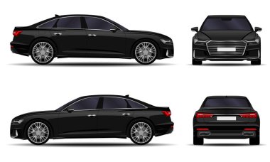 Gerçekçi bir araba. Sedan. ön görünüm; yan görünüm; arka görünüm.