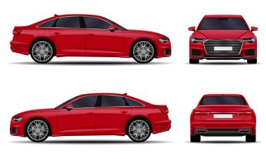 Gerçekçi bir araba. Sedan. ön görünüm; yan görünüm; arka görünüm.