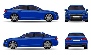 Gerçekçi bir araba. Sedan. ön görünüm; yan görünüm; arka görünüm.