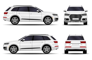 Gerçekçi bir SUV arabası. Ön görünüm; yan görünüm; arka görünüm.