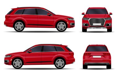 Gerçekçi bir SUV arabası. Ön görünüm; yan görünüm; arka görünüm.