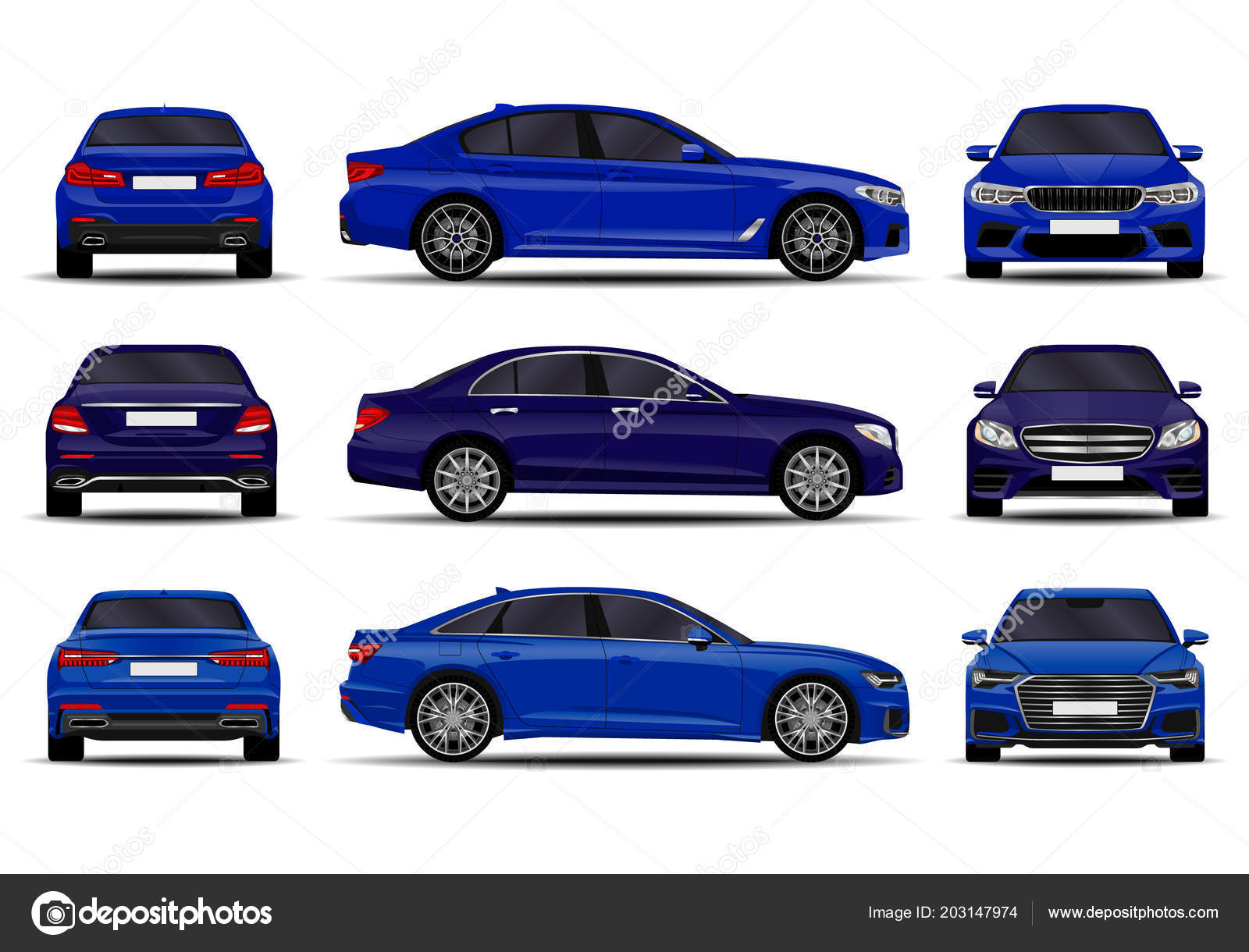 Realistic Cars Set Sedan Front View Side View Back View Stock Vector Image By C Chel11