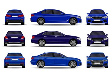 Gerçekçi arabalar hazır. Sedan. ön görünüm; yan görünüm; arka görünüm.