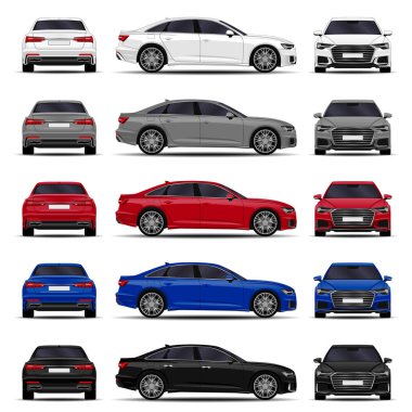 Gerçekçi arabalar hazır. Sedan. ön görünüm; yan görünüm; arka görünüm.