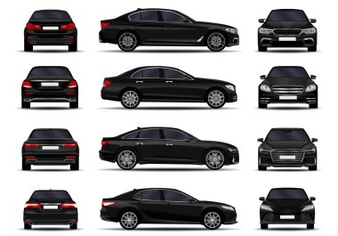 Gerçekçi arabalar hazır. Sedan. ön görünüm; yan görünüm; arka görünüm.