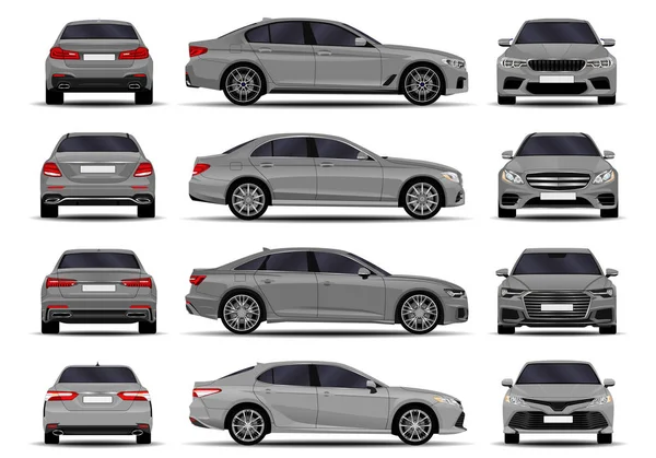 Gerçekçi arabalar hazır. Sedan. ön görünüm; yan görünüm; arka görünüm.