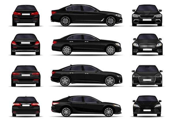 Gerçekçi arabalar hazır. Sedan. ön görünüm; yan görünüm; arka görünüm.