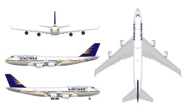 gerçekçi yolcu uçağı. yukarıdan görmek; Önden görünüm; yan görünüm.