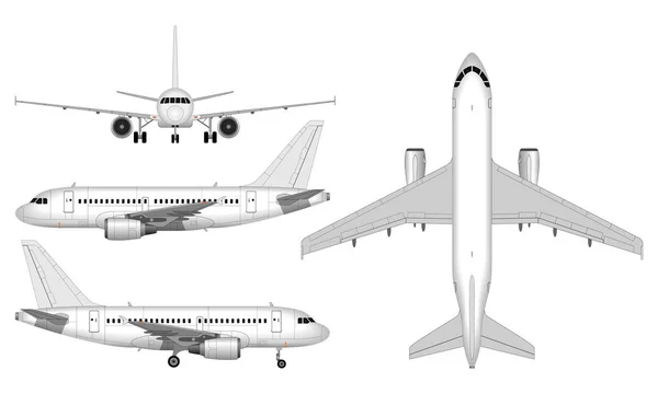 Realistiska Passagerare Flygplan Visa Från Ovan Framifrån Sidovy — Stock vektor