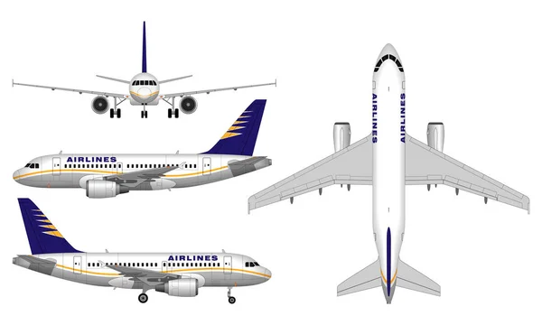 Avión Pasajeros Realista Vista Desde Arriba Vista Frontal Vista Lateral — Vector de stock