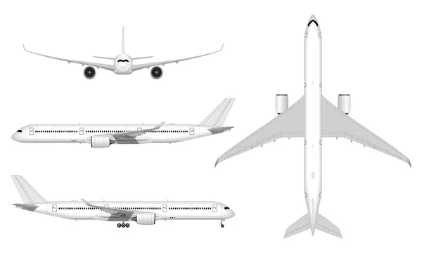 Realistisches Passagierflugzeug Ansicht Von Oben Vorderansicht Seitenansicht — Stockvektor