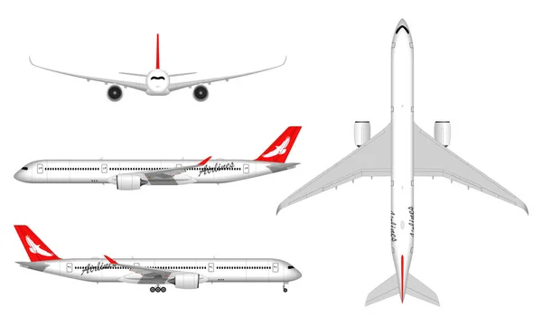 Avião Passageiros Realista Vista Cima Vista Frontal Vista Lateral — Vetor de Stock