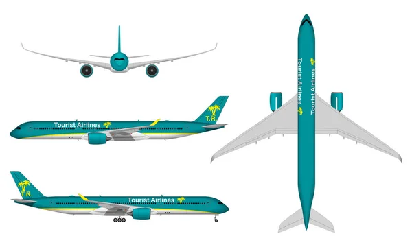 Realistisches Passagierflugzeug Ansicht Von Oben Vorderansicht Seitenansicht — Stockvektor