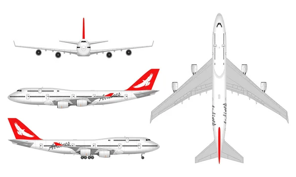 Avión Pasajeros Realista Vista Desde Arriba Vista Frontal Vista Lateral — Vector de stock