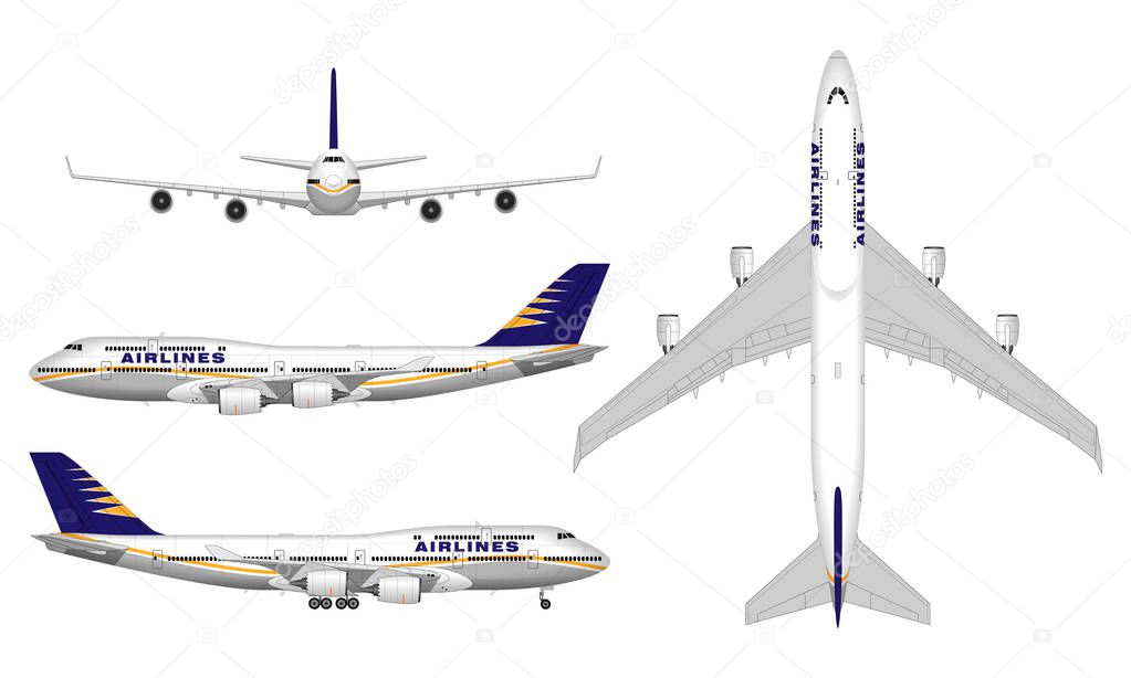 realistic passenger airplane. view from above; front view; side view.