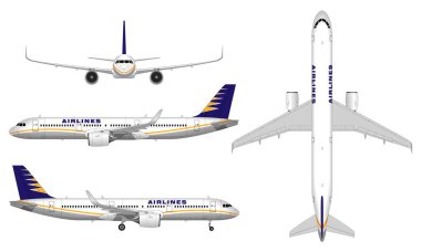gerçekçi büyük yolcu uçağı. yukarıdan görmek; Önden görünüm; yan görünüm.