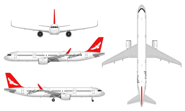 Realistic Big Passenger Airplane View Front View Side View — Stock Vector