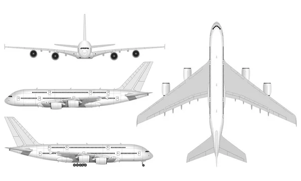 Avião Passageiros Grande Realista Vista Cima Vista Frontal Vista Lateral — Vetor de Stock