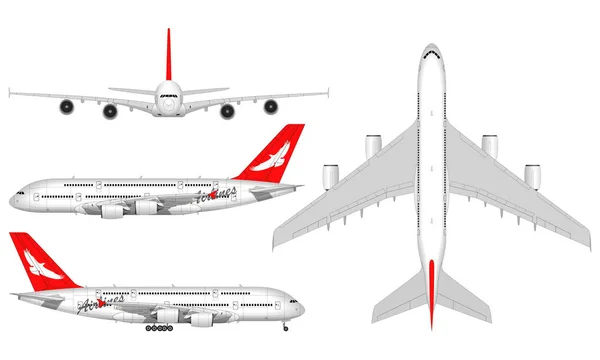 Realistické Velké Osobní Letadlo Pohled Shora Čelní Pohled Boční Pohled — Stockový vektor