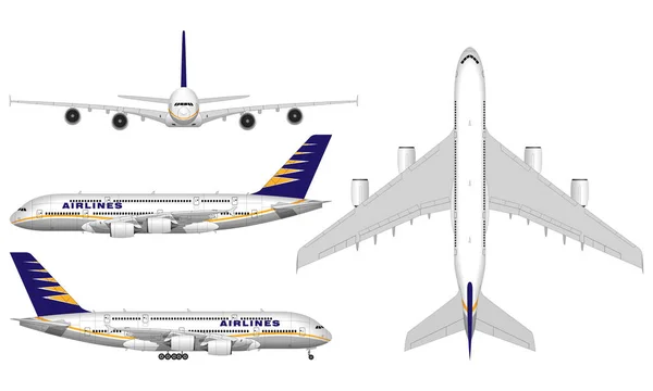 Avión Grande Realista Del Pasajero Vista Desde Arriba Vista Frontal — Vector de stock