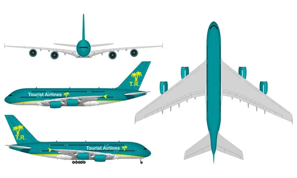 Realistisches Großes Passagierflugzeug Ansicht Von Oben Vorderansicht Seitenansicht — Stockvektor