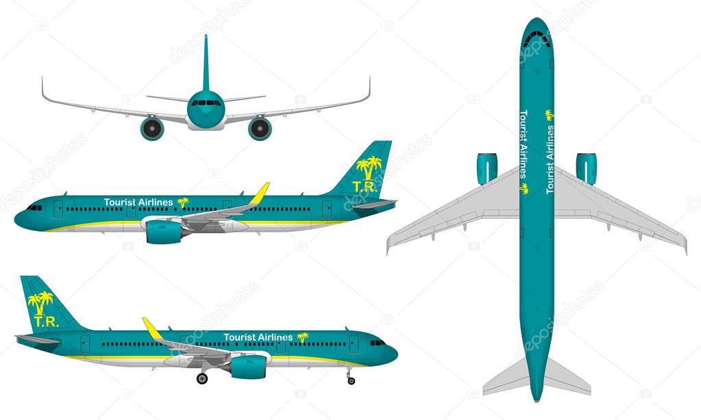 realistic big passenger airplane. view from above; front view; side view.