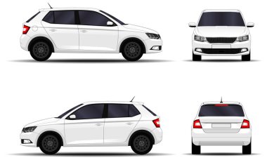 Gerçekçi bir araba. Hatchback. Ön görünüm, yan görünüm, arka görünüm.