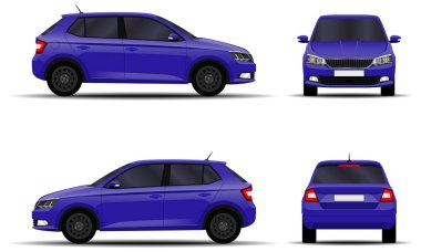 Gerçekçi bir araba. Hatchback. Ön görünüm, yan görünüm, arka görünüm.