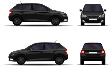 Gerçekçi bir araba. Hatchback. Ön görünüm, yan görünüm, arka görünüm.