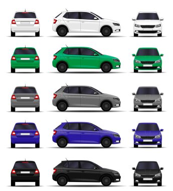 Gerçekçi arabalar hazır. Hatchback. Ön görünüm, yan görünüm, arka görünüm.