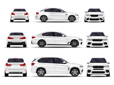 gerçekçi araba ayarlayın. Önden görünüm; yan görünümü; Arkadan görünüm.