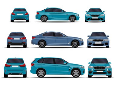 gerçekçi araba ayarlayın. Önden görünüm; yan görünümü; Arkadan görünüm.