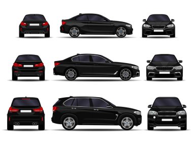 gerçekçi araba ayarlayın. Önden görünüm; yan görünümü; Arkadan görünüm.