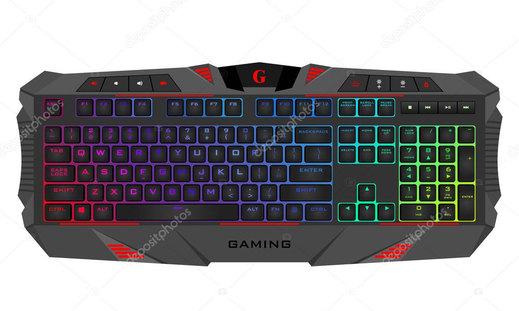 Gaming keyboard with LED backlit. Realistic computer keyboard.