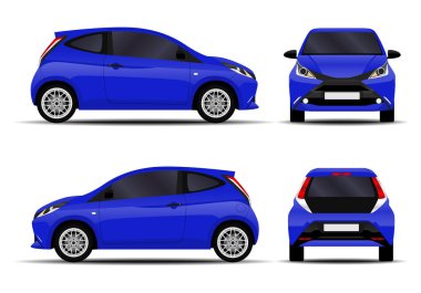 Gerçekçi bir araba. Hatchback. Ön görünüm, yan görünüm, arka görünüm.