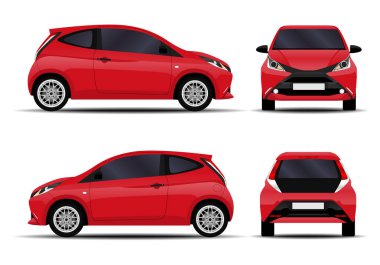 Gerçekçi bir araba. Hatchback. Ön görünüm, yan görünüm, arka görünüm.